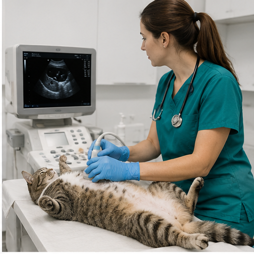 Veterinaria especialista revisando un equipo de ecografía