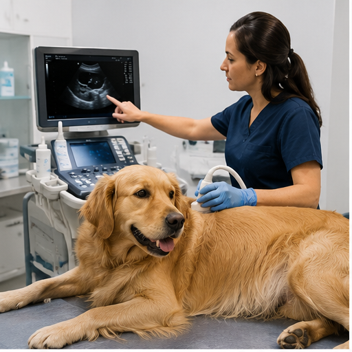 Veterinaria realizando una ecografía a un perro