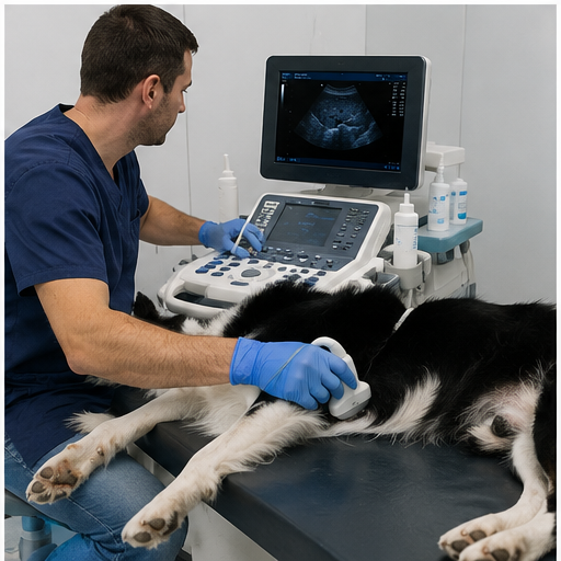Equipo de ecografía veterinaria en clínica